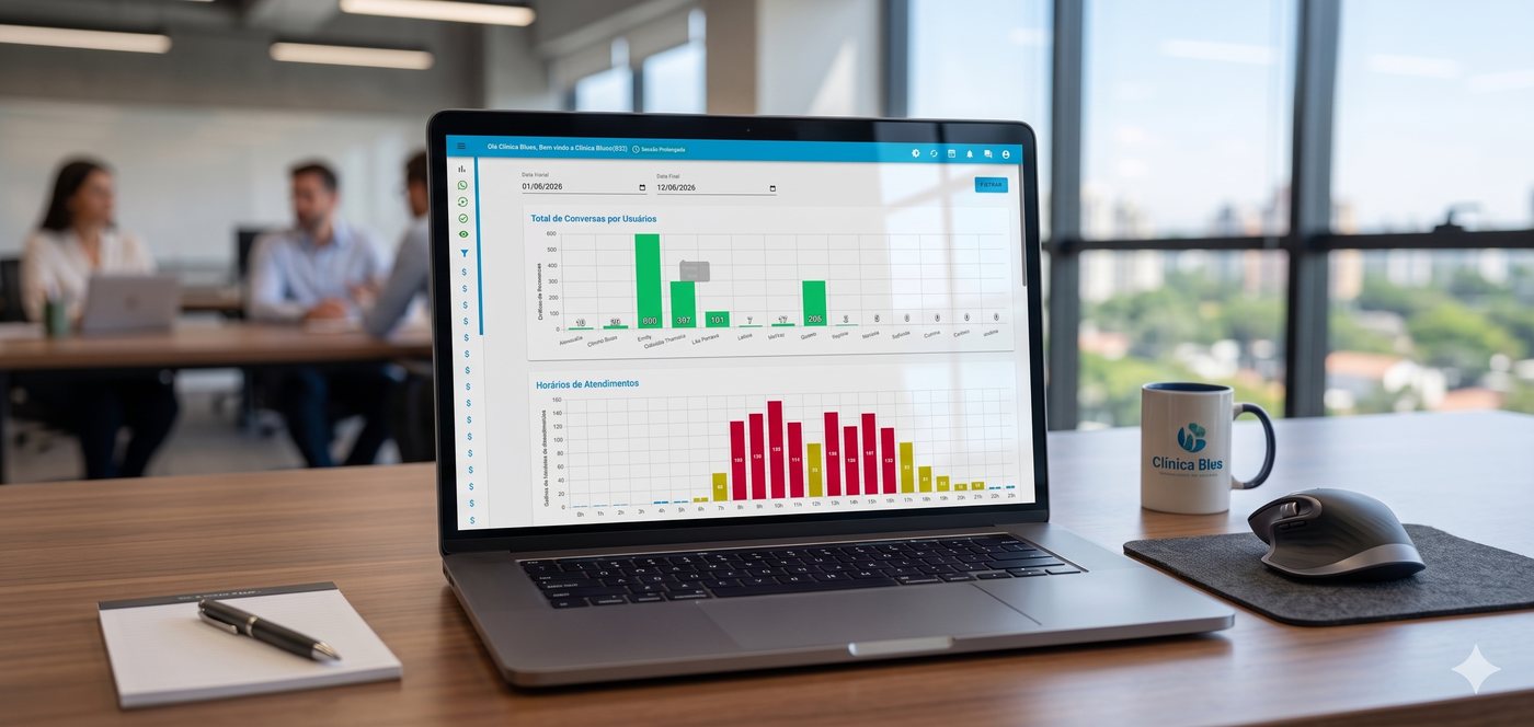 Painel de relatórios e métricas do OnSpace em um notebook
